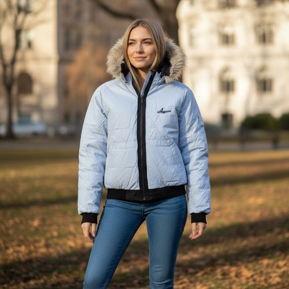 Azzure Jackets & Blazers - Vintage Azzure Blue Puffer Jacket Hooded Zip Up Bomber Style Reversible Size M